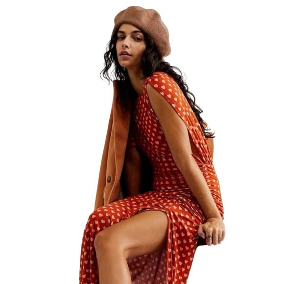 Free People NWT Lakeside Midi Dress Rust Hearts Ruched Side Open Back Size M - Picture 5 of 13